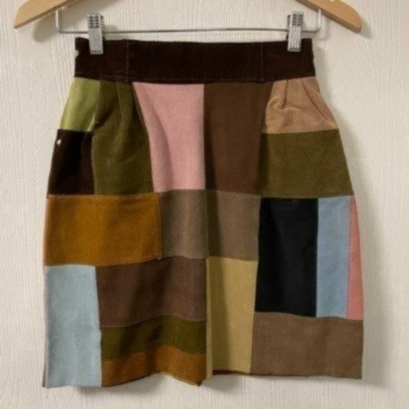 PRICE FIRM Vintage 70s Suede Patchwork Adjustable Miniskirt Mini | Size XXS-S - Picture 10 of 13